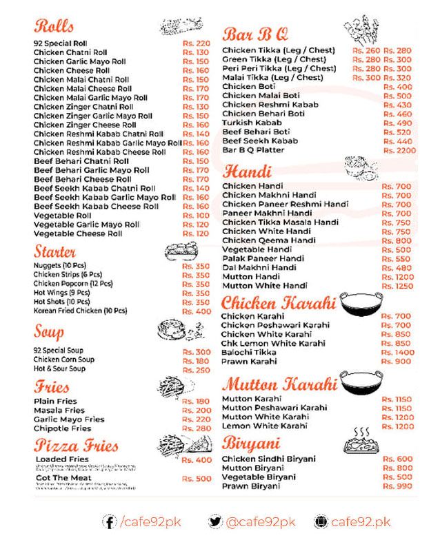 Cafe 92 menu