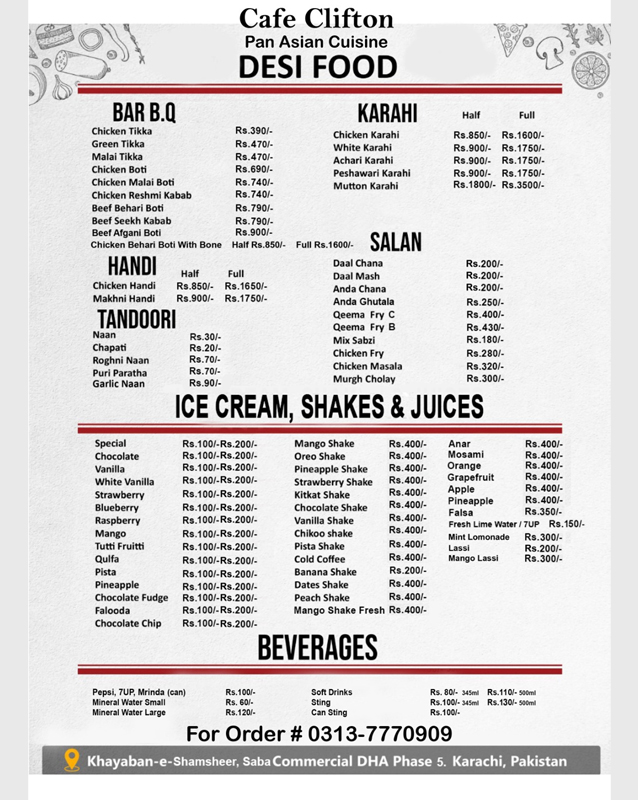 Cafe Clifton menu