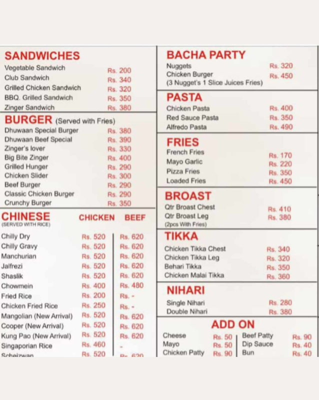 Cafe Dhuwaan menu