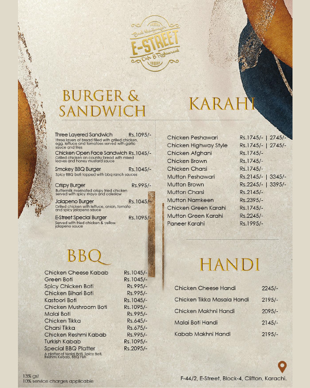 Cafe E-Street menu