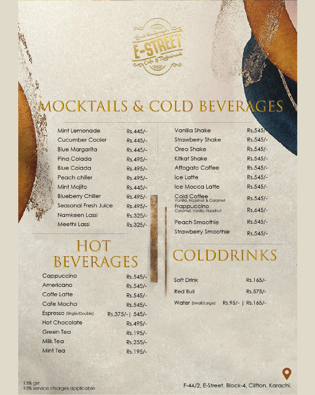 Cafe E-Street menu