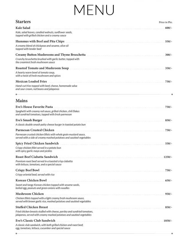 Cafe Eve menu