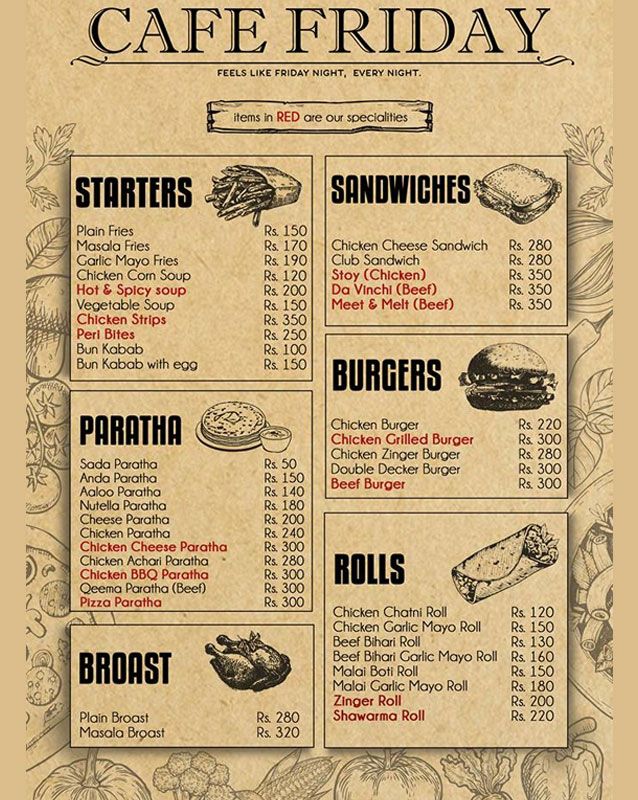 Cafe Friday menu