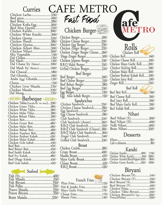 Cafe Metro menu