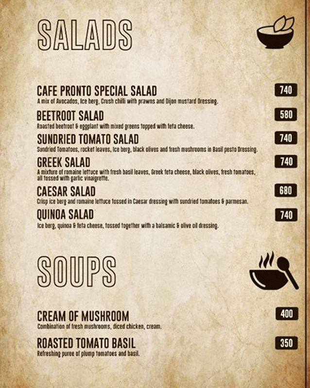 Cafe Pronto menu