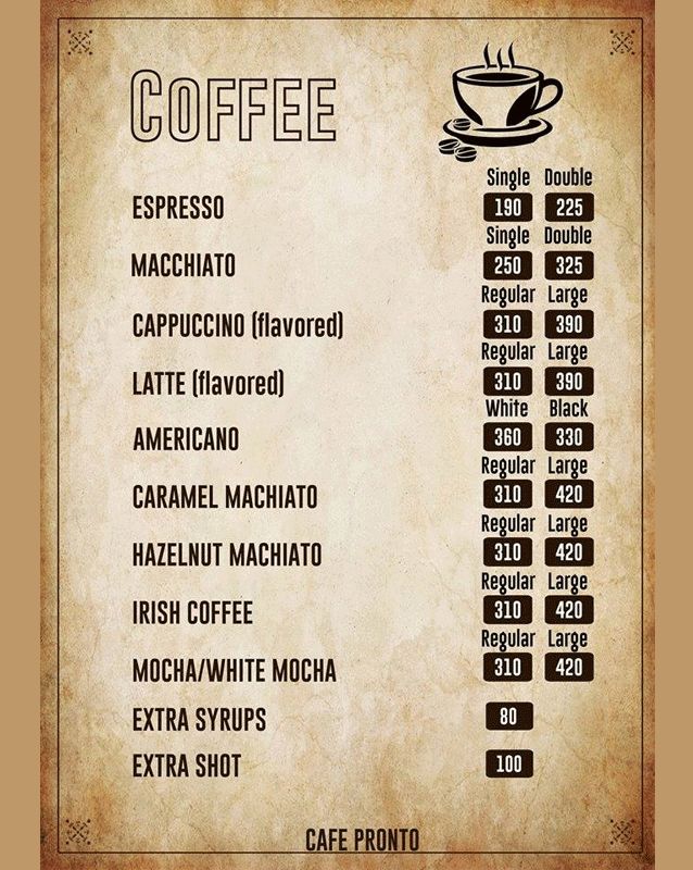 Cafe Pronto menu
