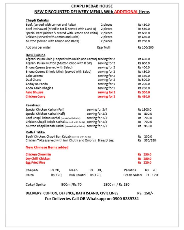Chapli Kebab House menu
