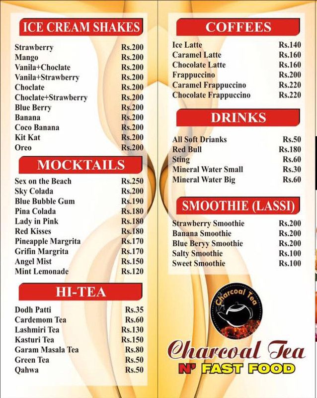 Charcoal Tea N Fast Food menu