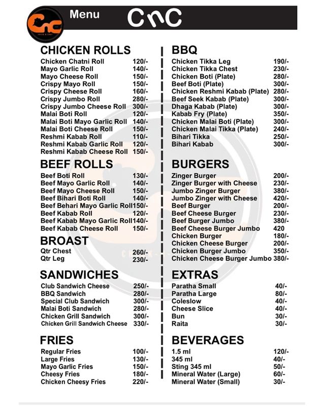 Chick N Chat menu