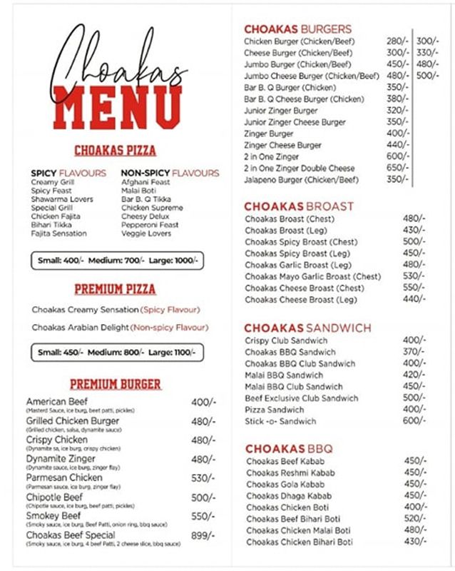 Choakas Foods & Cafe menu