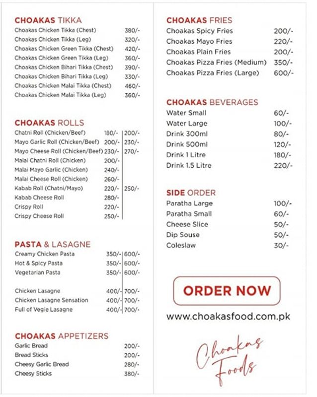 Choakas Foods & Cafe menu