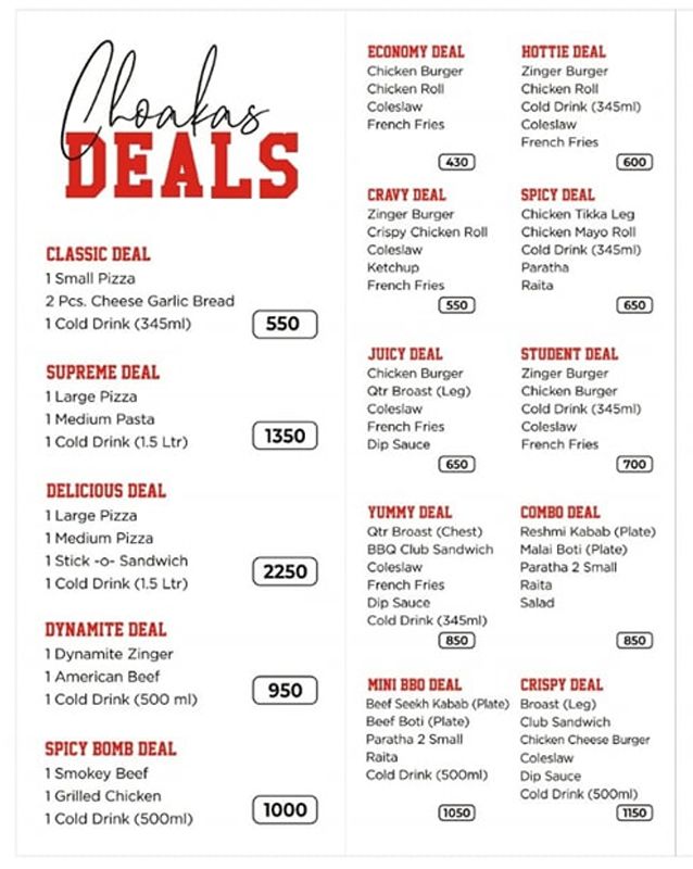 Choakas Foods & Cafe menu