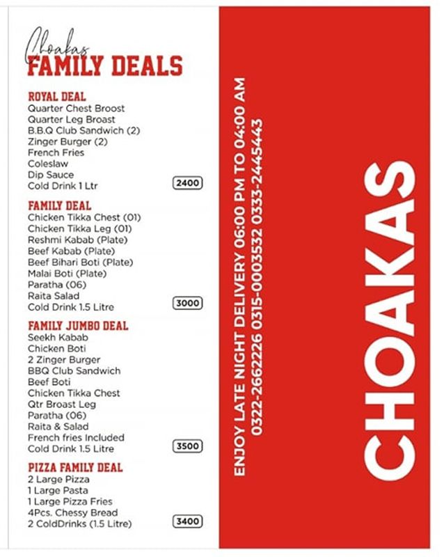 Choakas Foods & Cafe menu