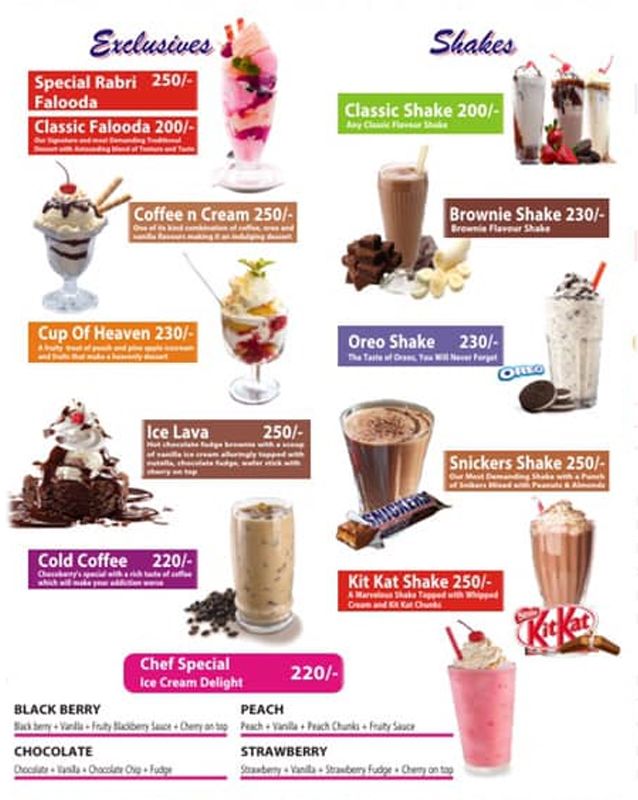 Chocoberry Icecream and Shakes menu