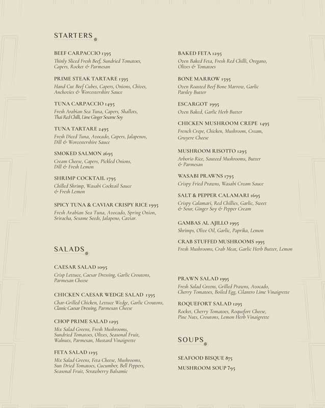 Chop Prime Steakhouse menu