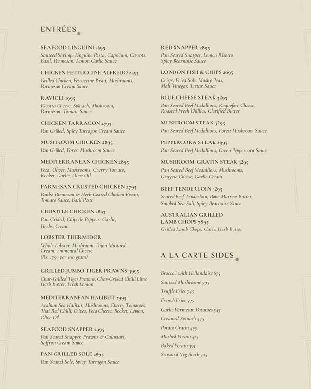 Chop Prime Steakhouse menu
