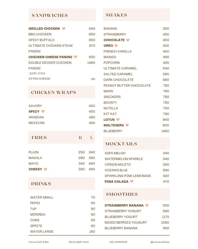 Cocoa Cafe menu