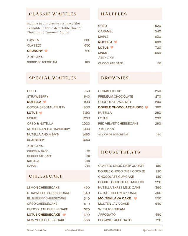 Cocoa Cafe menu