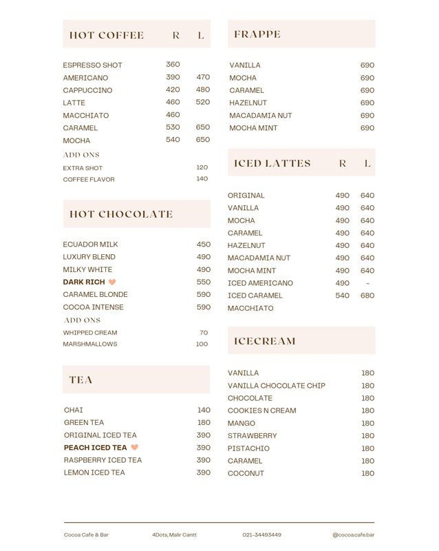 Cocoa Cafe menu