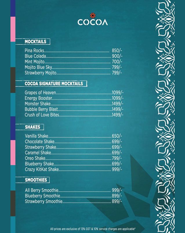 Cocoa Skyebar menu