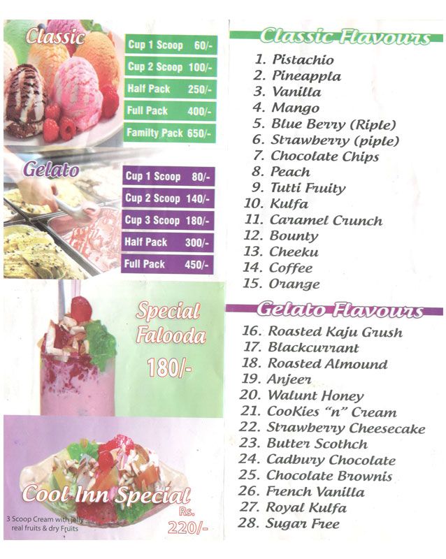 Cool Inn Ice Cream & Shakes menu