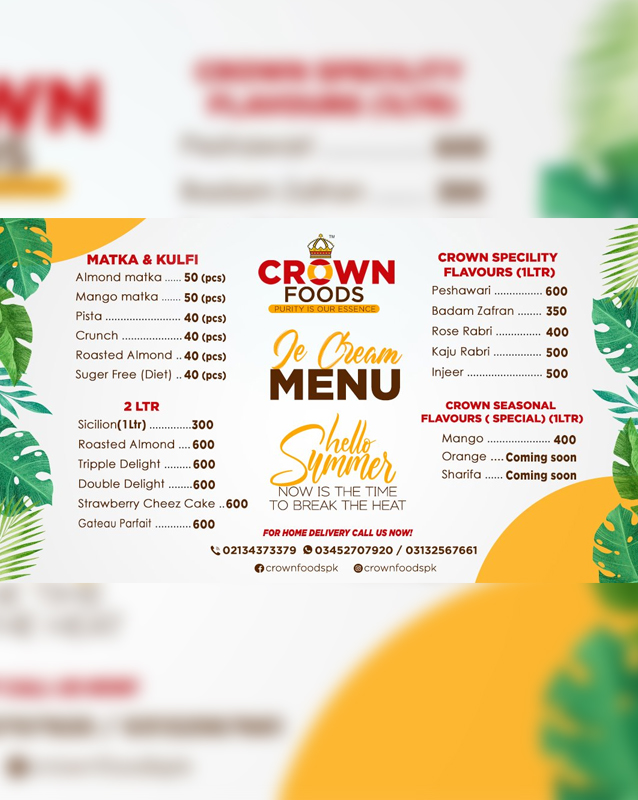 Crown Ice Cream menu