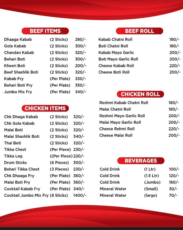Dehli Darbar Kabab House menu