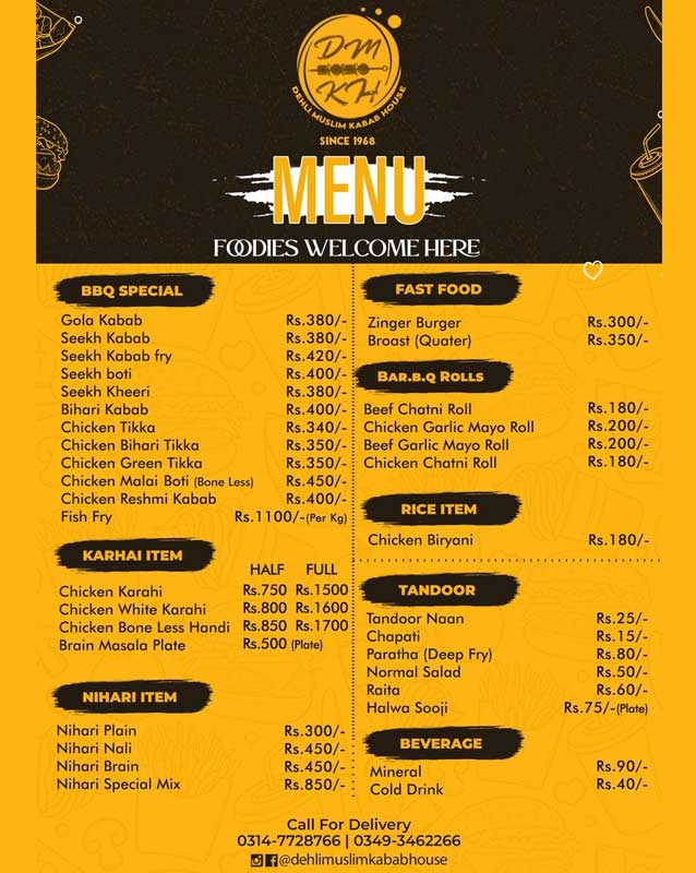 Dehli Muslim Kabab House menu