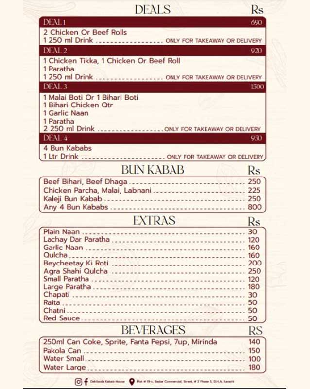Dehliwala Kabab House menu