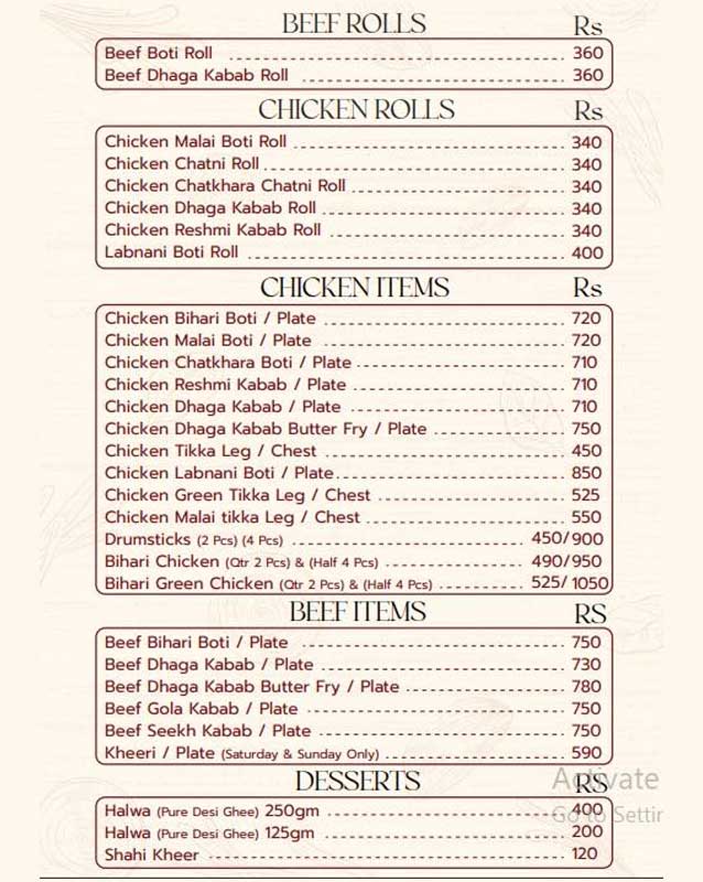 Dehliwala Kabab House menu