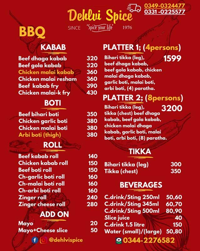 Dehlvi Spice menu