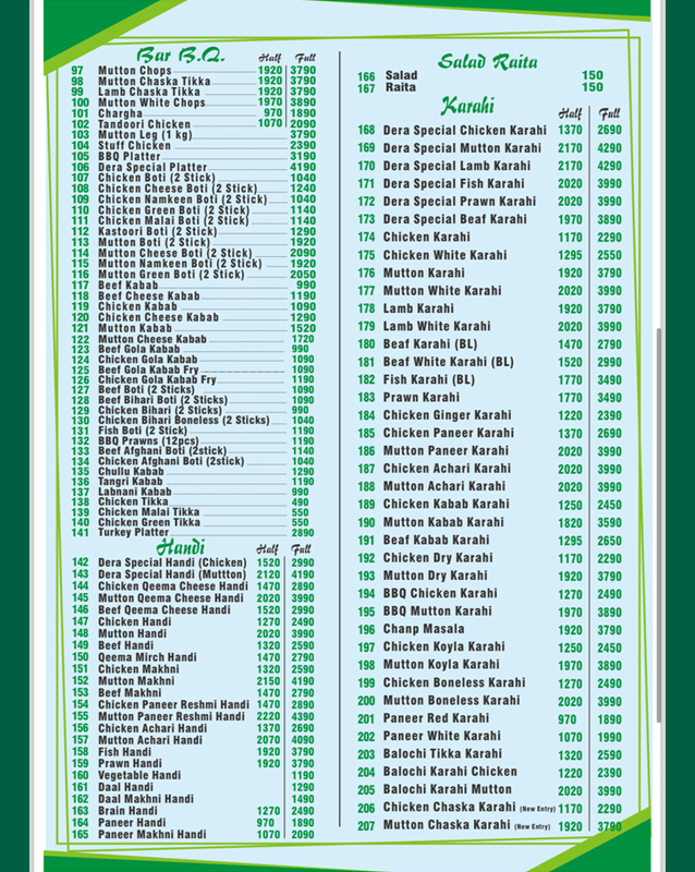 Dera Restaurant Karachi  menu