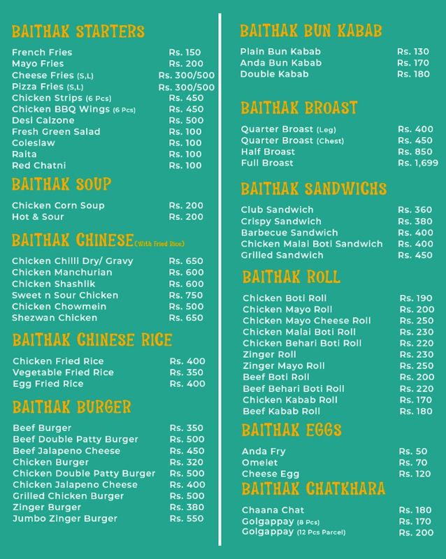Desi Baithak  menu