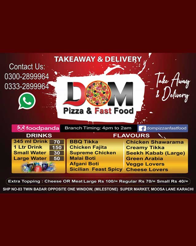 DOM Pizza and Fast Food menu
