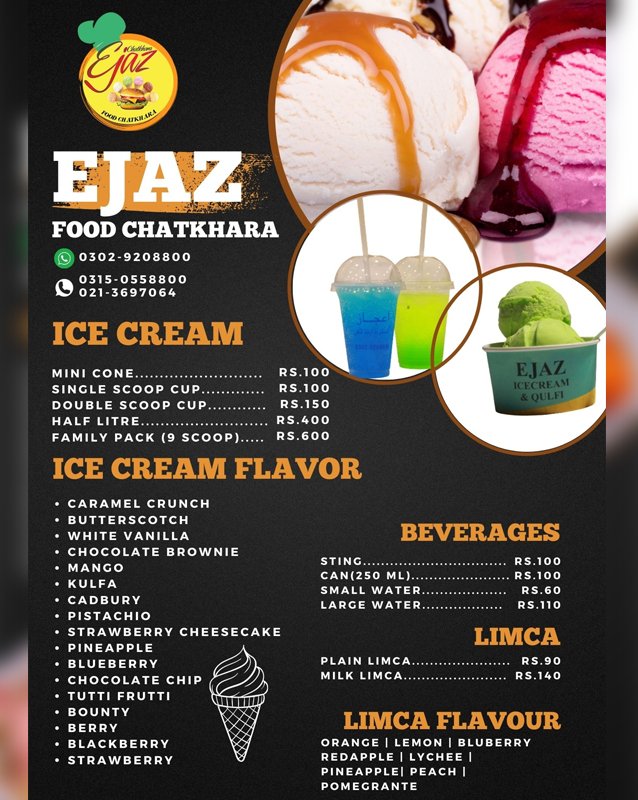 Ejaz Icecream & Chatkhara menu