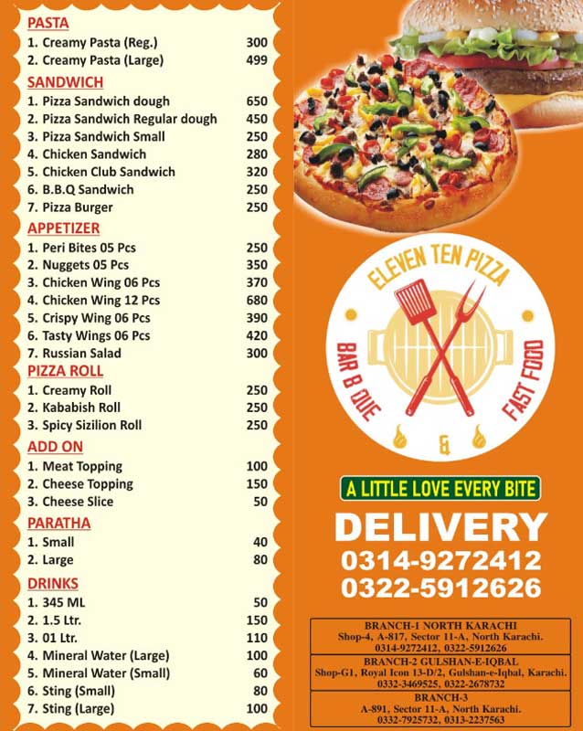 Eleven Ten Pizza menu