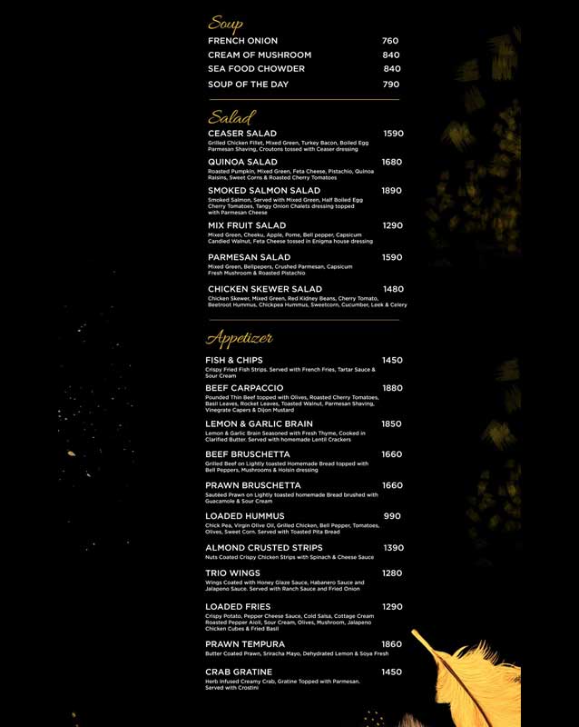 Enigma Restaurant menu