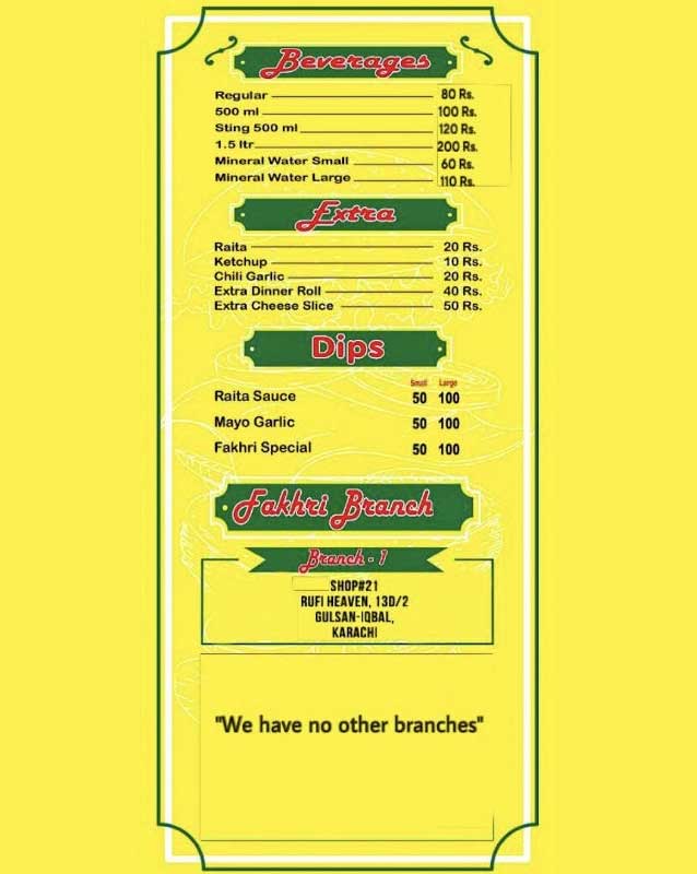 Fakhri Fast Food menu