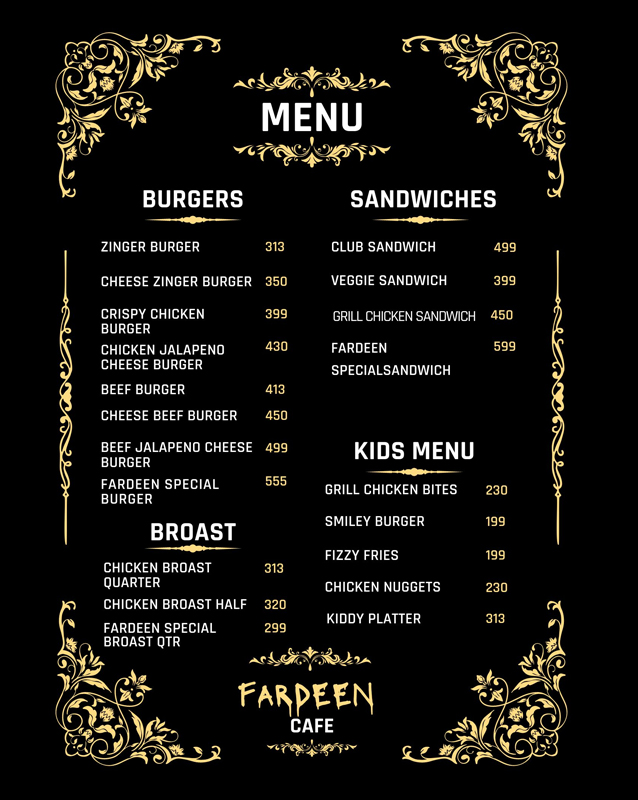 Fardeen Cafe and Restaurant menu