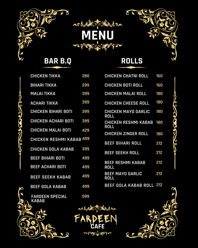 Fardeen Cafe and Restaurant menu