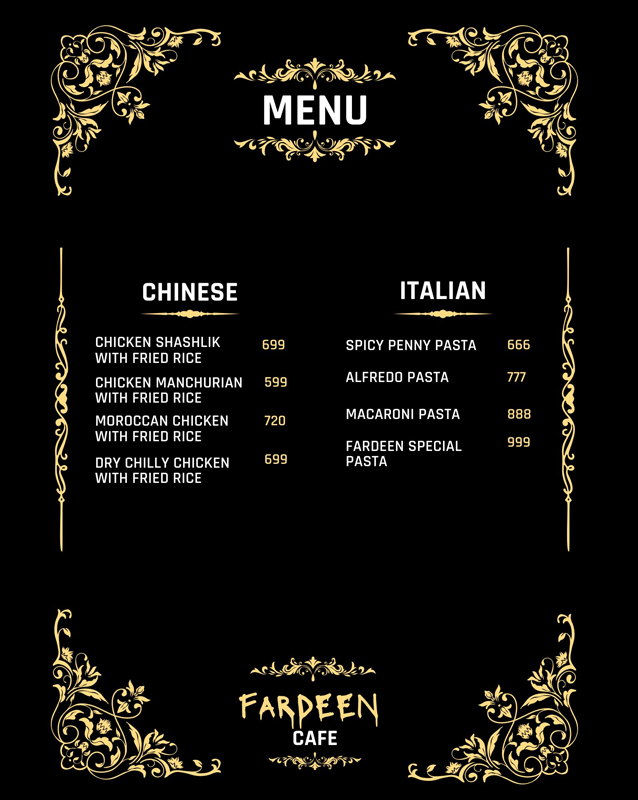 Fardeen Cafe and Restaurant menu