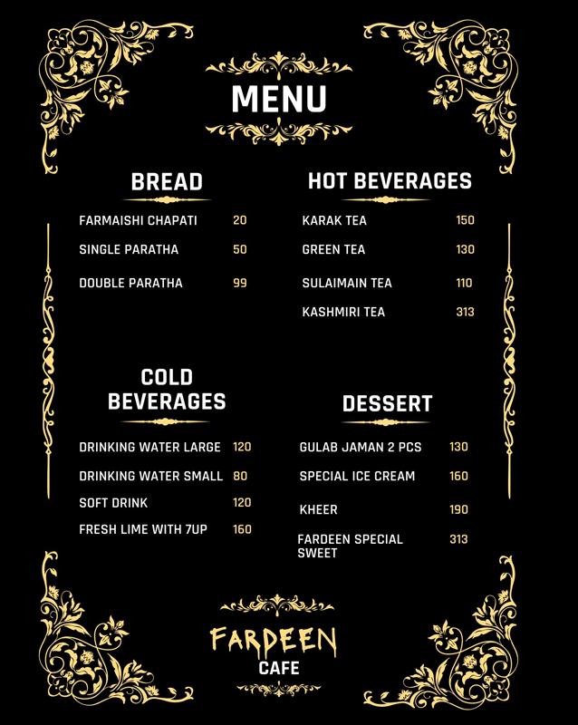Fardeen Cafe and Restaurant menu