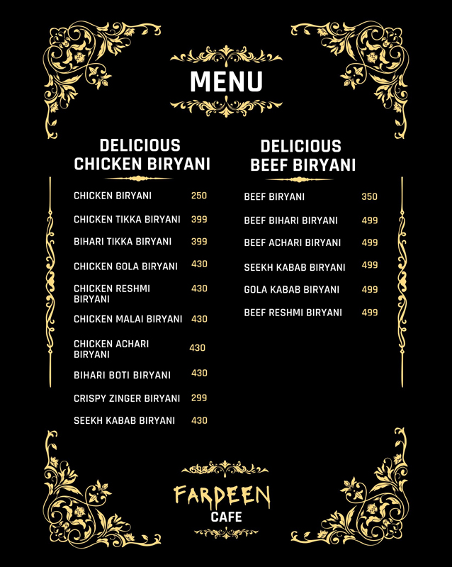 Fardeen Cafe and Restaurant menu