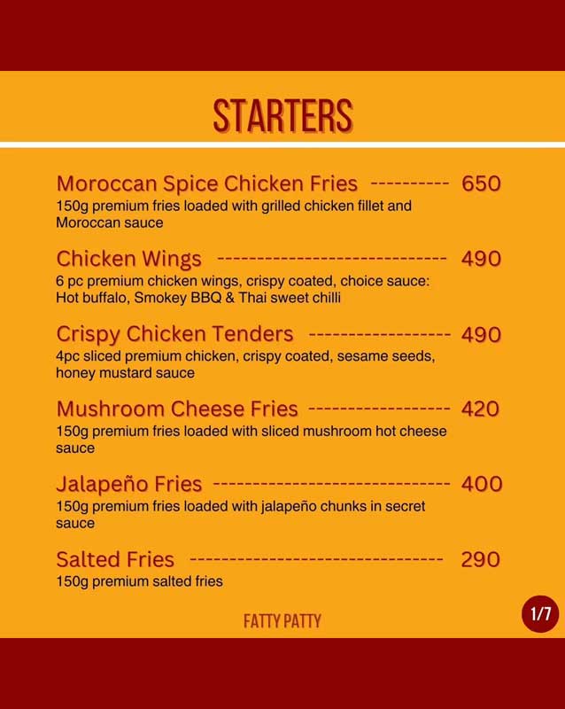 Fatty Patty menu