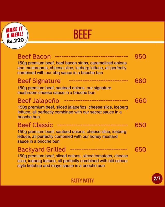 Fatty Patty menu