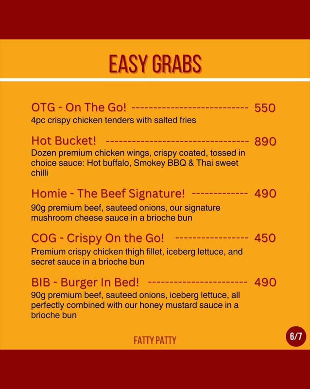 Fatty Patty menu