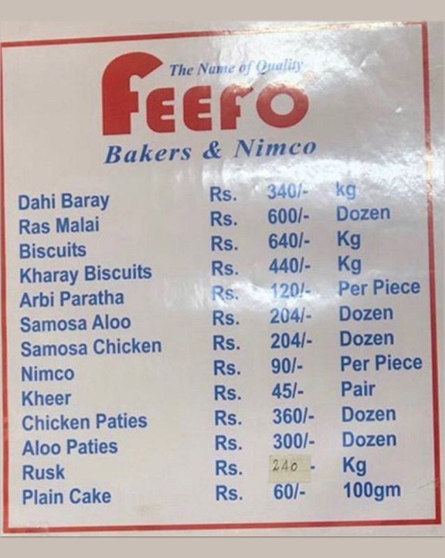 Feefo Bakers menu