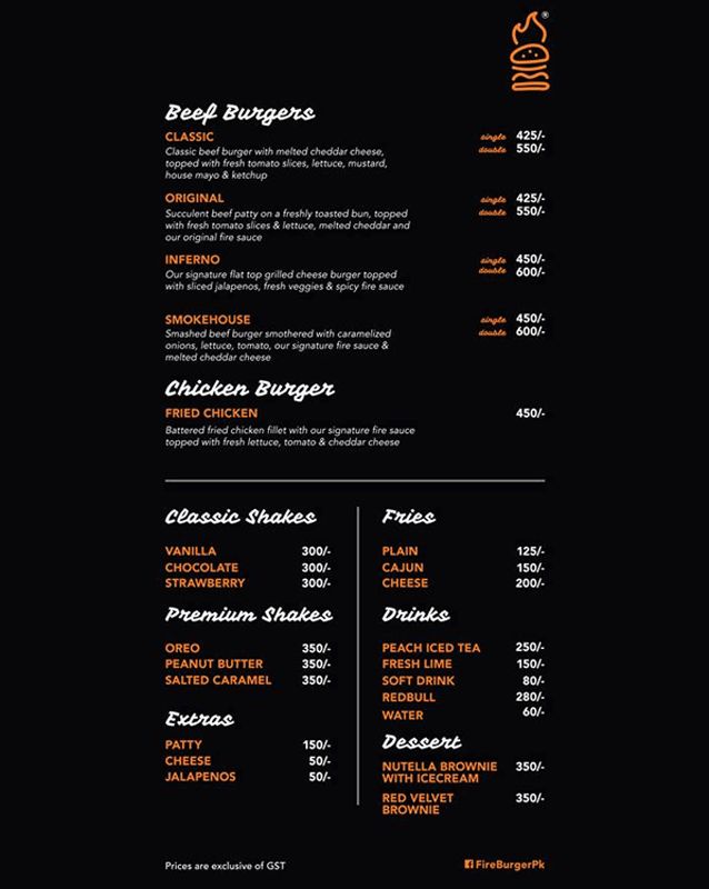Fire Burger menu