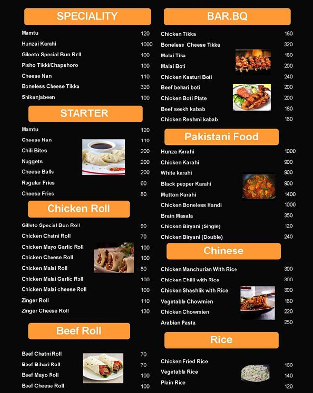 Gileeto Biyaak menu