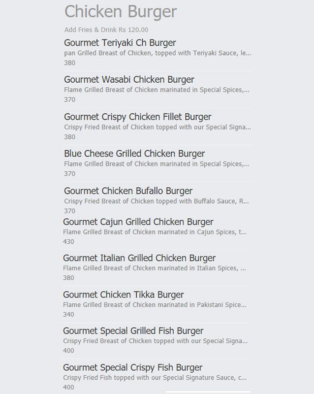 Gourmet Burger Company menu